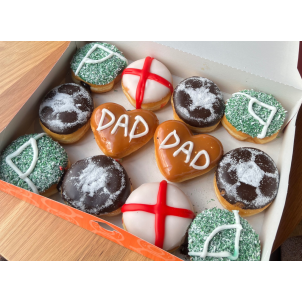 Box featuring some Father's Day Dad Donuts, and other Football related Donuts 